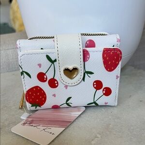 Cherry & Strawberry Print White Women's Wallet - Heart Accent